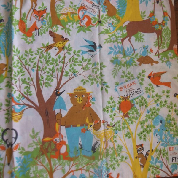 Rare Vintage Smokey the Bear Woodland Friends 80 x 94" Flat Bed Sheet Cotton Fabric