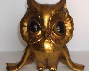 Vintage Ceramic Gold Leaf Retro Owl Figure with Glass Eyes