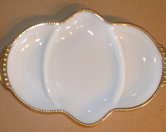 Vintage Anchor Hocking FireKing Divided Milk Glass Relish Dish with Gold Trim