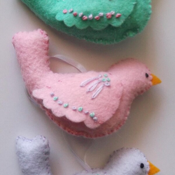 Hand Crafted Felt Embroidered Bird Ornaments - Pink Lavender Green