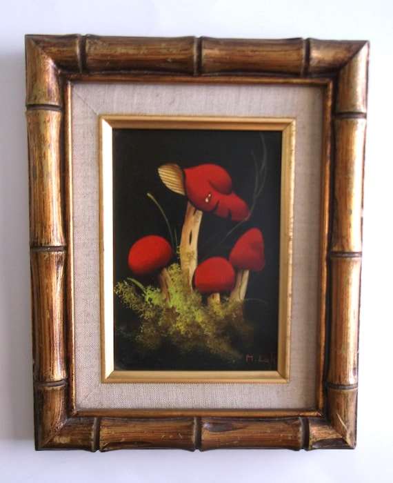 HTF Original Framed Oil Painting by Maria Lak - Retro Red Mushrooms - 8-1/2 by 11" Frame