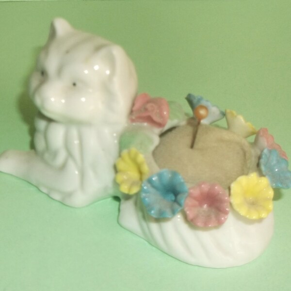 Vintage Ceramic White Cat Pin Cushion with Capodimonte Flowers