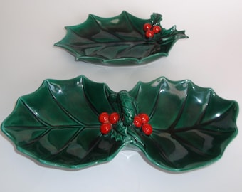 2 Lefton Holly Berry Christmas Ceramic Snack Dishes