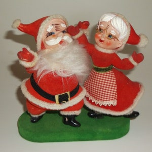 Vintage Flocked Plastic Christmas Santa & Mrs. Claus Dancing - Japan