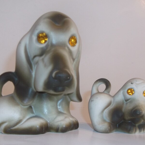 Vintage Pair Roselane USA Ceramic Basset Hound Dog Figurines Rhinestone Eyes