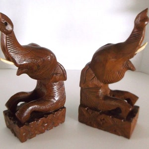 Vintage Pair Carved Wooden Elephant Book Ends