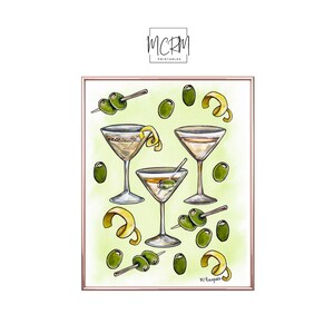 Martini Trio: Olive wodka, citroen en gin, afdrukbare digitale download JPEG-bestanden, kunst aan de muur, Bar Cart Decor, Martin Fine Art Print