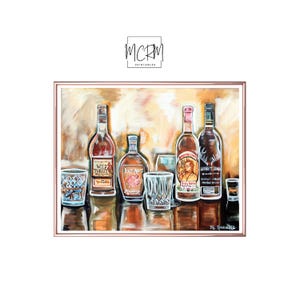 Bourbon Bar Wall Art Print – Kentucky Whiskey Bottle Painting - Wild Turkey, Pappy Van Winkle, Four Roses, George T. Stagg  Digital Download