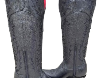 Botas vaqueras altas hasta la rodilla para mujer – Botas vaqueras de cuero estilo rodeo negras, hechas a mano y personalizadas.