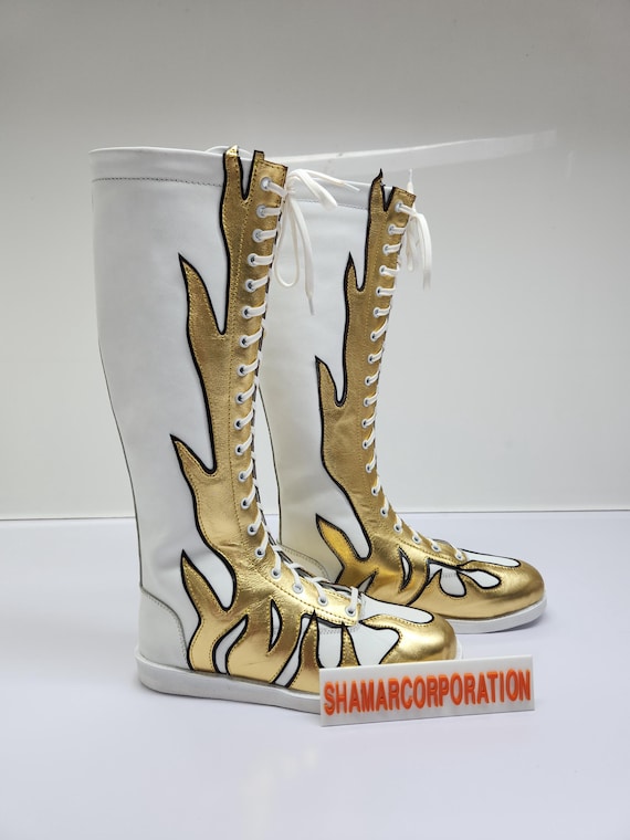 Handmade Leather Pro Wrestling Boots, White & Golden Flame, Customizable Lace-Up