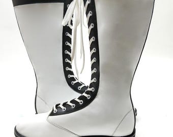 Handgefertigte Kniehohe Schnürstiefel aus Leder: Schwarz Weiss Pro Wrestling Cosplay Schuhe