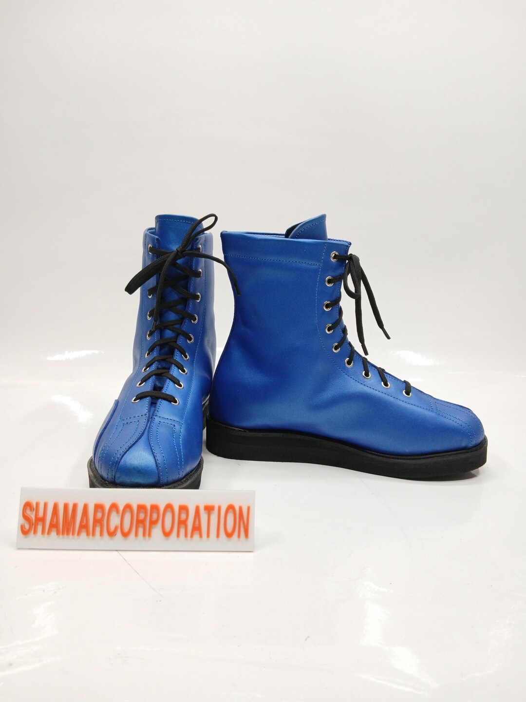 New Handmade Blue Leather Lace up Boots Wrestling Style - Main Image