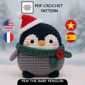 Schema all&#39;uncinetto per il cucciolo di pinguino Pew - Tutorial PDF per il giocattolo natalizio in amigurumi - Idea regalo fai da te per simpatici animali invernali