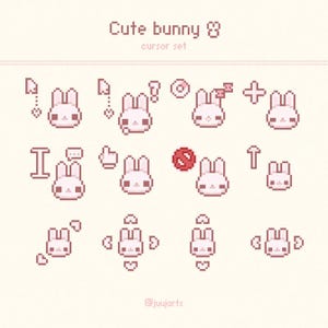 May include: A digital pixel art cursor set featuring a light pink bunny character in various poses and expressions. The text Cute bunny cursor set is displayed at the top, and the handle juujarts is visible at the bottom of the graphic.