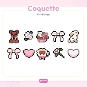 以下が含まれることがあります： Coquette PixelBadgesおよび@juujartsとラベル付けされた10個のピクセルアートアイコンのコレクション。アイコンには、茶色のクマ、白いバラ、カップケーキ、白いリボン、白いウサギ、ピンクのリボン、ピンクのハート、コーヒーカップ、ピンクのバラ、薄いピンクのハートが含まれています。