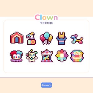 May include: A set of ten pixel art badges titled Clown PixelBadges. The icons feature a red and yellow circus tent, a jack-in-the-box, a cluster of balloons, a rabbit in a hat, a balloon dog, a clown face, a robot, a carousel, a flower, and a cake.