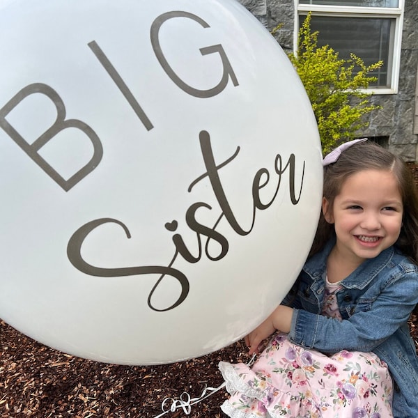 Big Sister / Big Brother Baby Announcement Sign on White Jumbo Balloon w/ Tassel Tail | 36" (3 ft) Balloon New Baby Announcement Grandparent