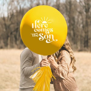 Globo gigante para baby shower "Aquí viene el hijo" con borlas para decoración de fiesta / Anuncio de niño con temática de sol / Ideas y decoración de letreros amarillos