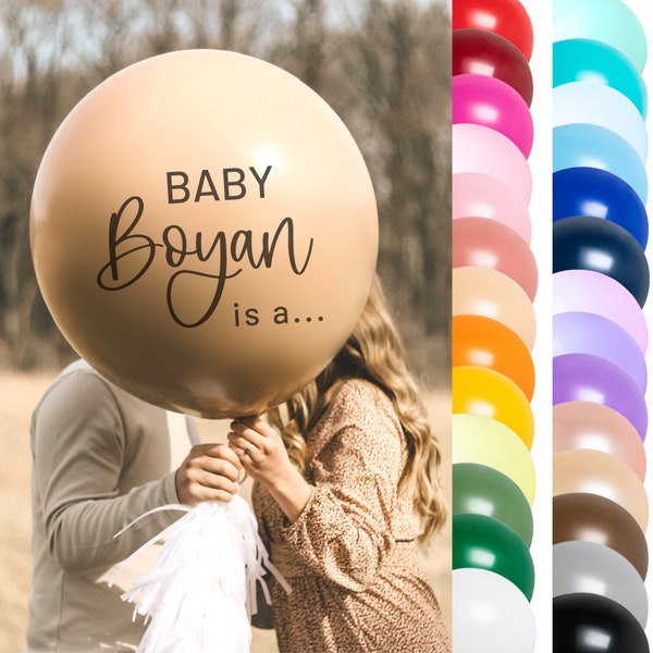 Personalized Gender Reveal Jumbo Balloon w/ Tassels | Giant 3 Foot (36”) Balloons- Black, White, Tan, Neutral Color Custom Name Lettering
