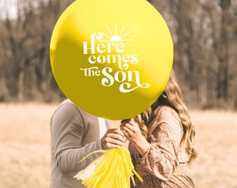 Here Comes the Son Baby Shower Jumbo Balloon w/ Tassels for Party Decoration | Sun Theme Boy Announcement | Yellow Sign Ideas and Decor