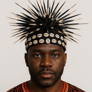 Puede incluir: Un tocado llamativo con una base de tela negra adornada con una hilera de conchas blancas. El tocado está adornado con numerosas púas negras y bronceadas que irradian hacia afuera. La persona de la imagen lleva una camisa estampada.