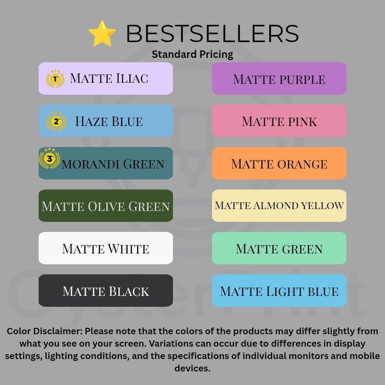 May include: A color chart titled BESTSELLERS featuring twelve rectangular swatches with text labels: Matte Iliac, Matte Purple, Haze Blue, Matte Pink, Morandi Green, Matte Orange, Matte Olive Green, Matte Almond Yellow, Matte White, Matte Green, Matte Black, and Matte Light Blue.