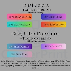 May include: A color chart displaying two categories: Dual Colors and Silky Ultra-Premium. The Dual Colors section lists Dual Orange/Pink, Dual Blue/Pink, Dual Cyan/Yellow, and Dual Red/Yellow. The Silky Ultra-Premium section lists Skyblue/Purple, Silky Rainbow, and Skyblue/Pink.