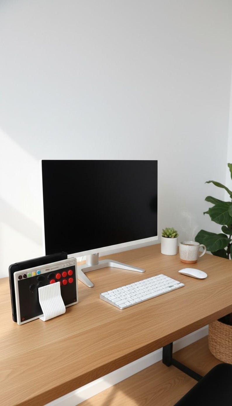 May include: A computer monitor with a black screen, a white wireless keyboard, a white wireless mouse, and a black game controller with red and yellow buttons resting in a white ridged stand on a light wood desk surface.