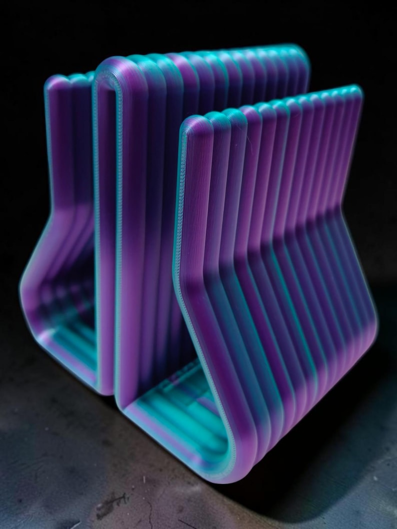 May include: A 3D printed desk organizer featuring a series of parallel, curved vertical dividers. The object displays a vibrant gradient color transition, shifting from deep purple on the outer edges to a bright teal blue in the center.