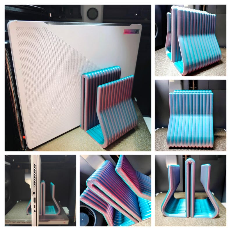 May include: A 3D-printed laptop stand featuring a gradient color scheme that transitions from teal to magenta. The stand has a ribbed, vertical design with multiple slots for holding a laptop upright, shown in various angles and holding a white laptop.