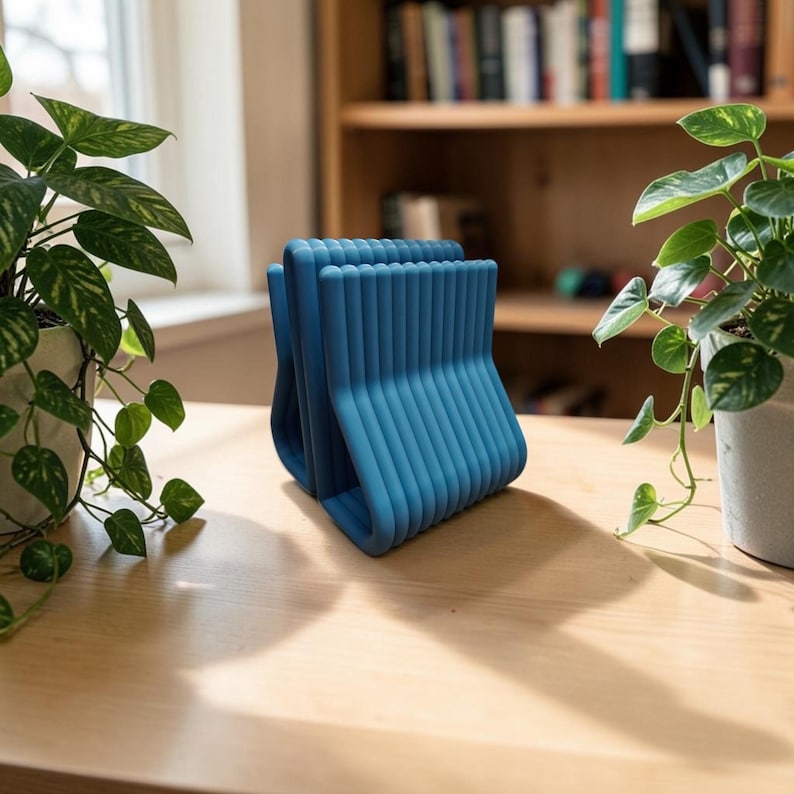 May include: A blue desk organizer featuring a series of parallel, rounded vertical ribs connected at the base. The object has a U-shaped profile with a matte finish and is positioned upright, displaying a uniform, ridged texture across its surface.