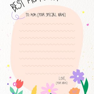 Carta editable para la mejor mamá / Imprimible para el Día de la Madre para niños / Regalo para completar / Descarga digital / Tarjeta de recuerdo DIY