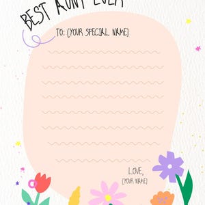 Carta imprimible para la mejor tía – Regalo editable para rellenar – Recuerdo del Día de la Madre o cumpleaños de un sobrino o sobrina – PDF instantáneo