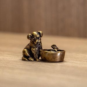 Brass Dog Figurine with Puppy – Handmade Mini Dog Sculpture for Home Decor, Solid Brass Animal Gift for Pet Lovers