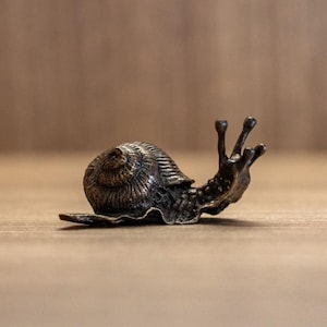 Puede incluir: Una peque&ntilde;a figurita de bronce de un caracol con una concha detallada y tent&aacute;culos extendidos. La figurita est&aacute; sentada sobre una superficie de madera.
