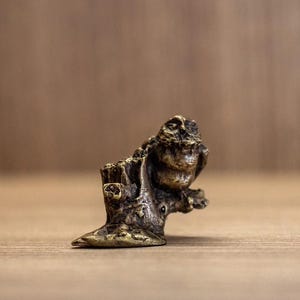 Brass Owl Figurine – Small Handmade Sculpture on Tree Stump for Home Decor, Holiday Decor, Gift Ideas