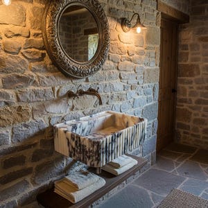 Könnte beinhalten: Ein rustikales Badezimmer mit Steinmauer, Marmorwaschbecken, dekorativem Spiegel und Wandleuchten. Das Waschbecken hat ein einzigartiges geripptes Design und steht über einem Holzregal mit gefalteten Handtüchern. Der Raum hat eine natürliche, erdige Ästhetik.