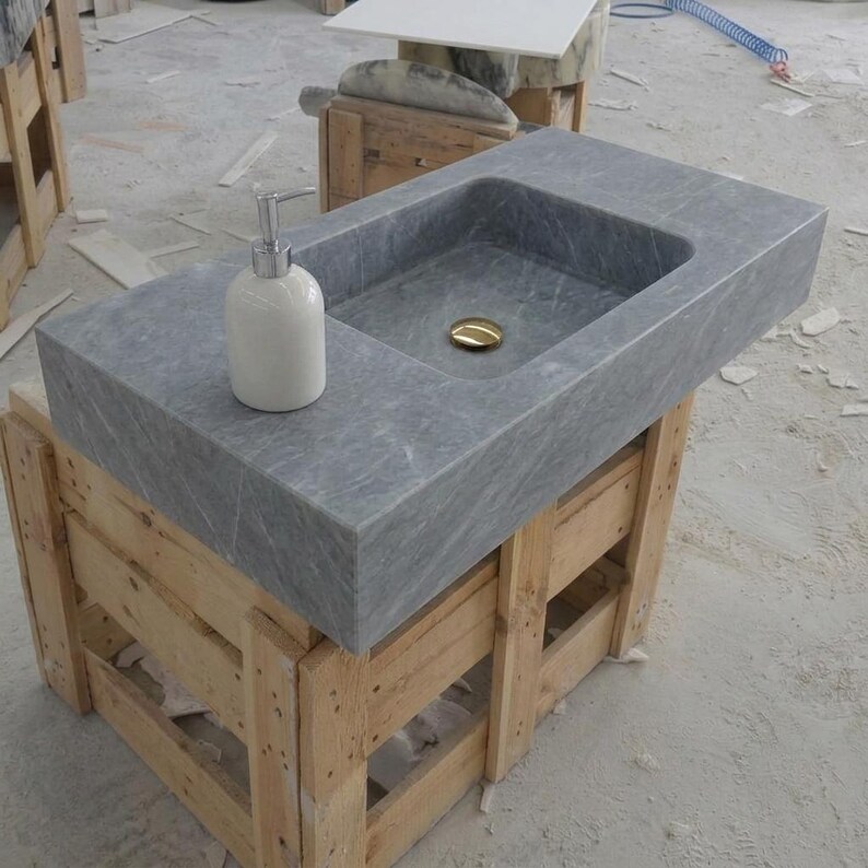 Thundra Gray Marble square vessel sink — isometric three-quarter view (photo 9)