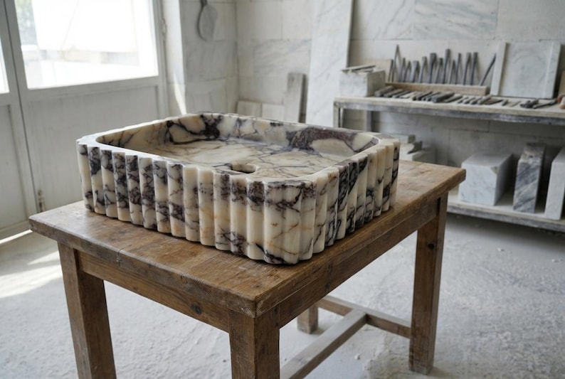 Handcarved Calacatta Viola marble vessel sink by Marblyart, custom made to order — photo 6 of 15