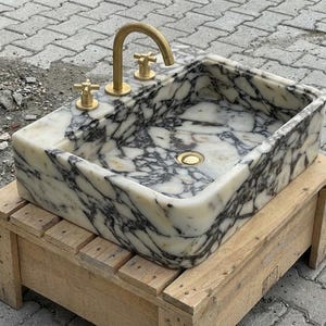 Handcarved Calacatta Viola marble vessel sink by Marblyart, custom made to order — photo 5 of 12