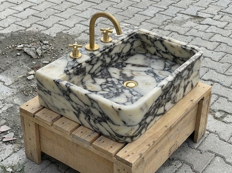 Handcarved Calacatta Viola marble vessel sink by Marblyart, custom made to order — photo 5 of 12