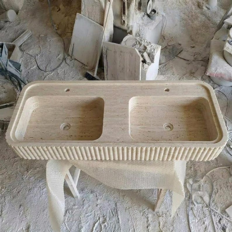 Beige Travertine fluted vessel sink — front view (photo 5)