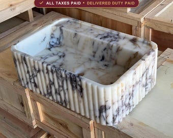 Handmade Fluted Wall-Mounted Marble Sink – Custom Size Handcarved Calacatta Viola Marble Sink – Custom Vanity Basin