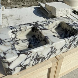 Handcarved Calacatta Viola marble double basin sink by Marblyart, custom made to order — photo 10 of 12