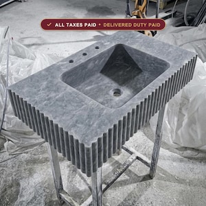 Handcarved Thundra Gray marble floating vanity sink by Marblyart, custom made to order — photo 1 of 14