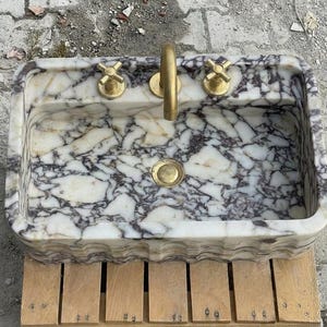 Handcarved Calacatta Viola marble wall mounted sink by Marblyart, custom made to order — photo 3 of 15