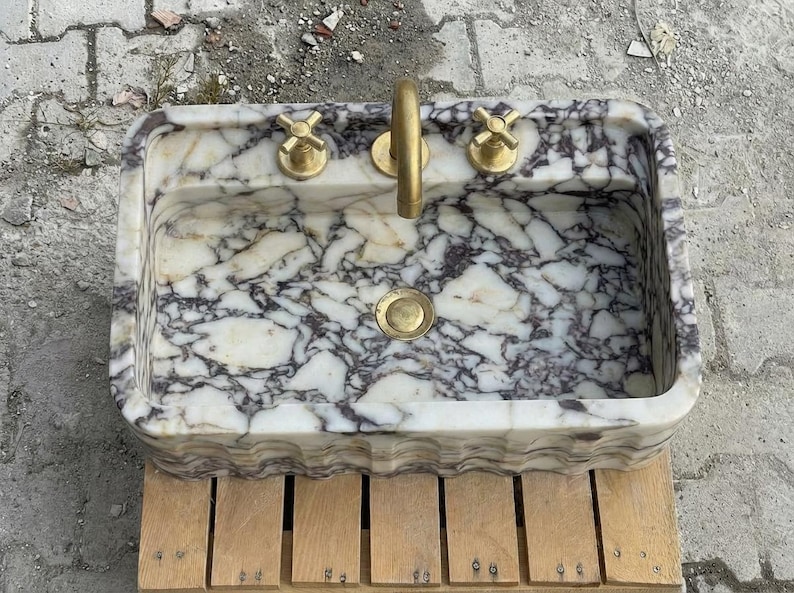 Handcarved Calacatta Viola marble wall mounted sink by Marblyart, custom made to order — photo 3 of 15