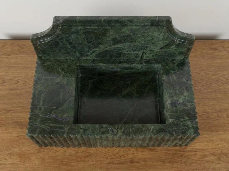 Handcarved Verde green marble wall mounted sink by Marblyart, custom made to order — photo 11 of 14
