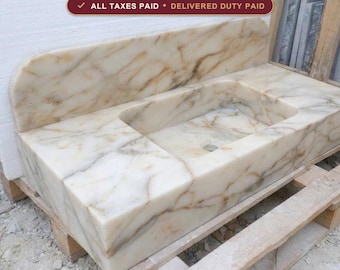 Calacatta Gold Marble Sink with Backsplash, Custom Stone Vanity Top, Powder Room Basin, Wall Mount Floating Sink, Gold Veins