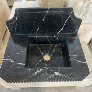 Handcarved Nero Marquina marble wall mounted sink by Marblyart, custom made to order — photo 13 of 14